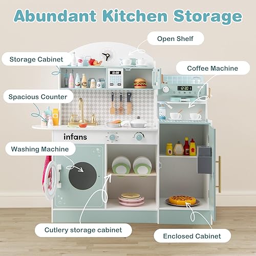 Miniatura 7 de INFANS Juego de cocina para niños, juego de cocina de madera para niños pequeños, juego de juguetes de cocina con cafetera, máquina de hielo,