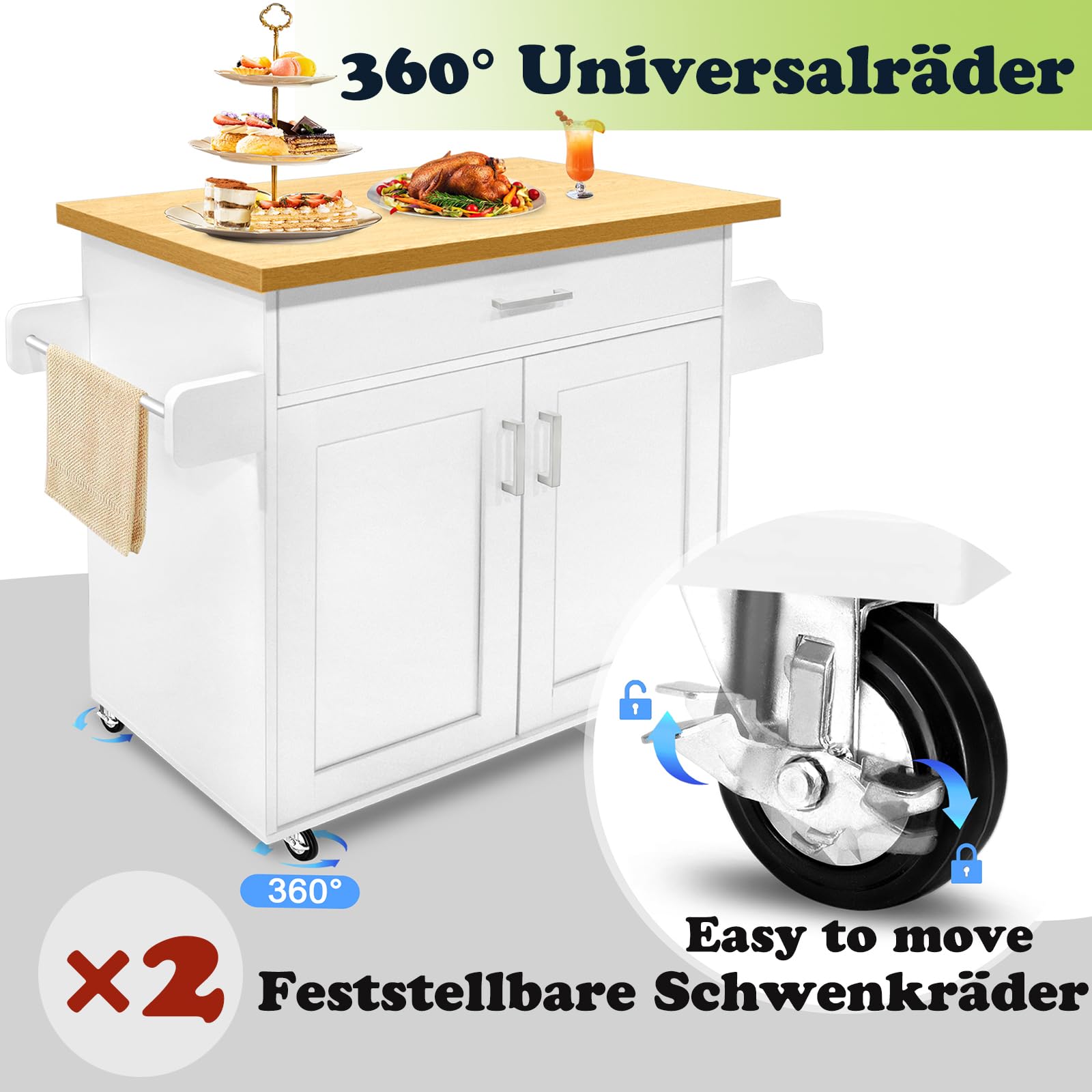 Chariot de cuisine sur roulettes, îlot de cuisine avec plan de travail, armoire de cuisine, chariot d'appoint avec porte, 115 x 36 x 90 cm, blanc