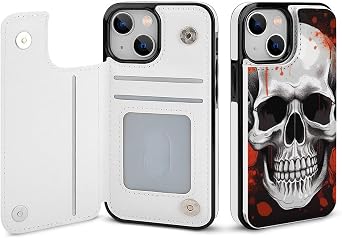 Wallet Case for iPhone 13 Mini, Halloween Skull Print PU Leather Flip Shockproof Wallet Phone Cases Cover with Card Slots, Kickstand, Magnetic Clasp Closed