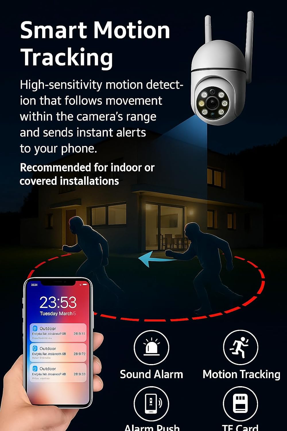 Camera showing 355 degree pan and 90 degree tilt rotation controlled by a smartphone app