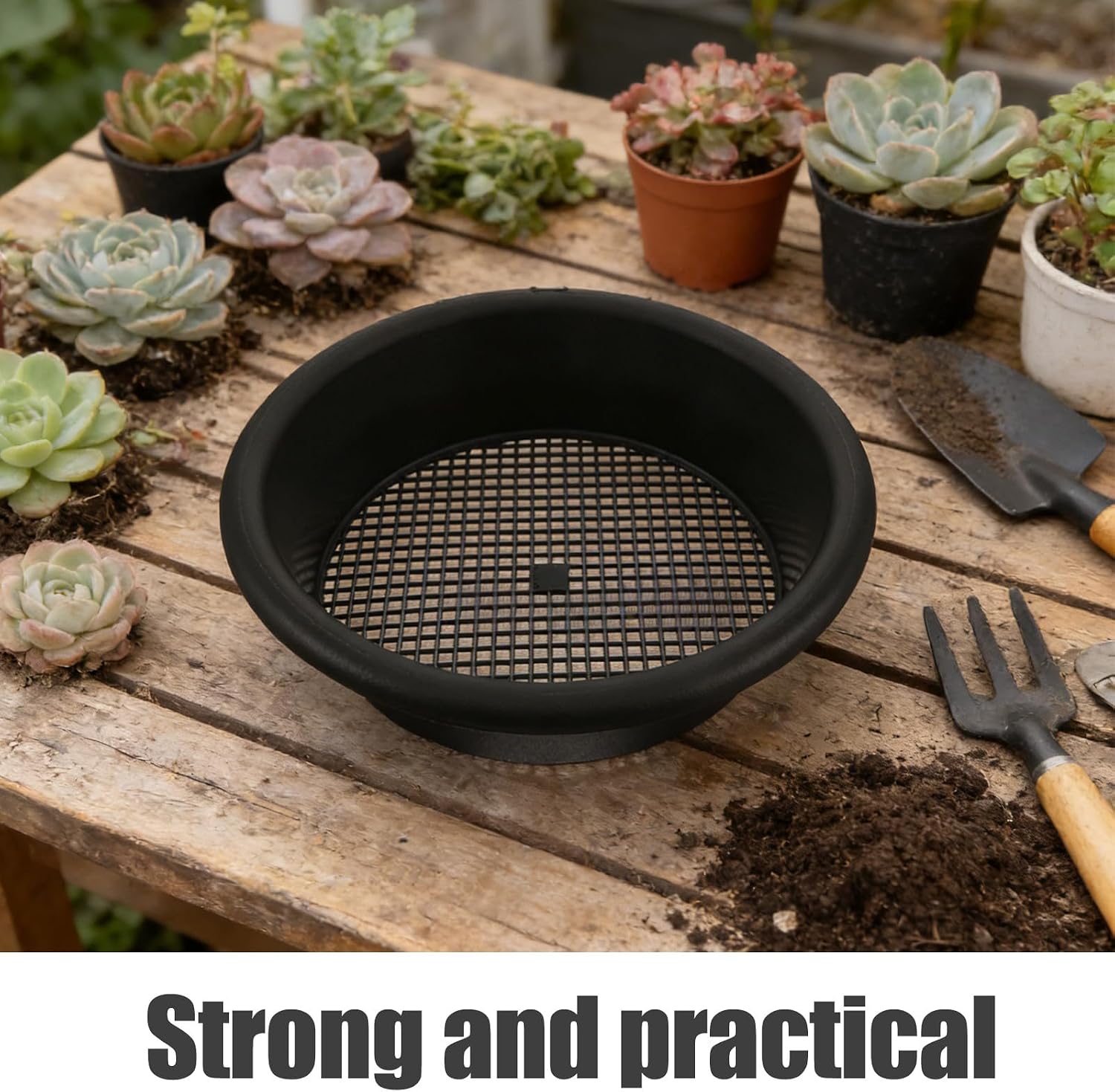 KICHOUSE Rock Sifter - Plastic Soil Sieve Garden Sifter Tool for Screening Sand and Stones Easy Cleaning Outdoor Potting 6mm Hole Dia Black