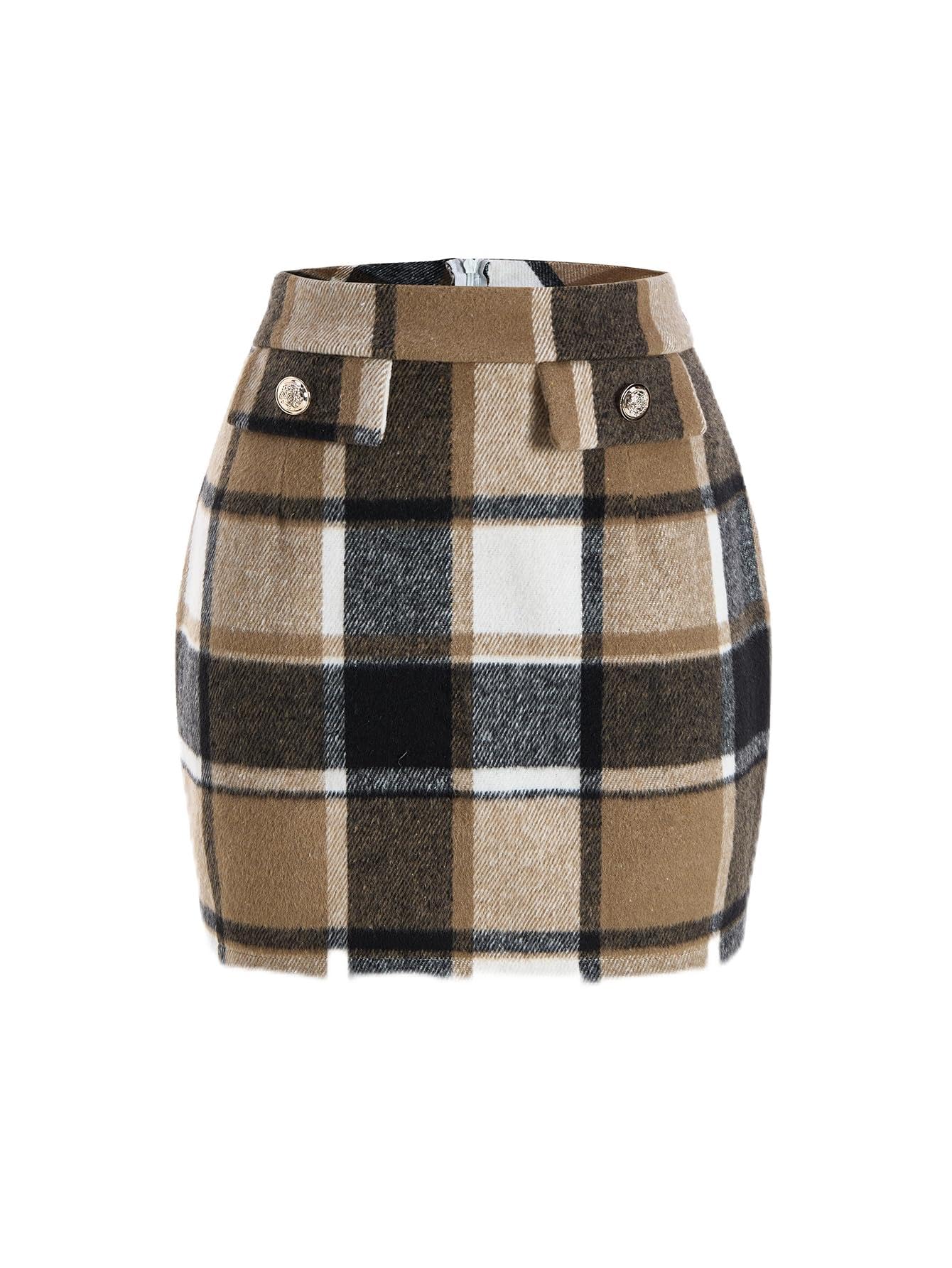 Womens Plaid Mini Pencil Skirt Elegant High Waisted Bodycon Business Casual Skirts