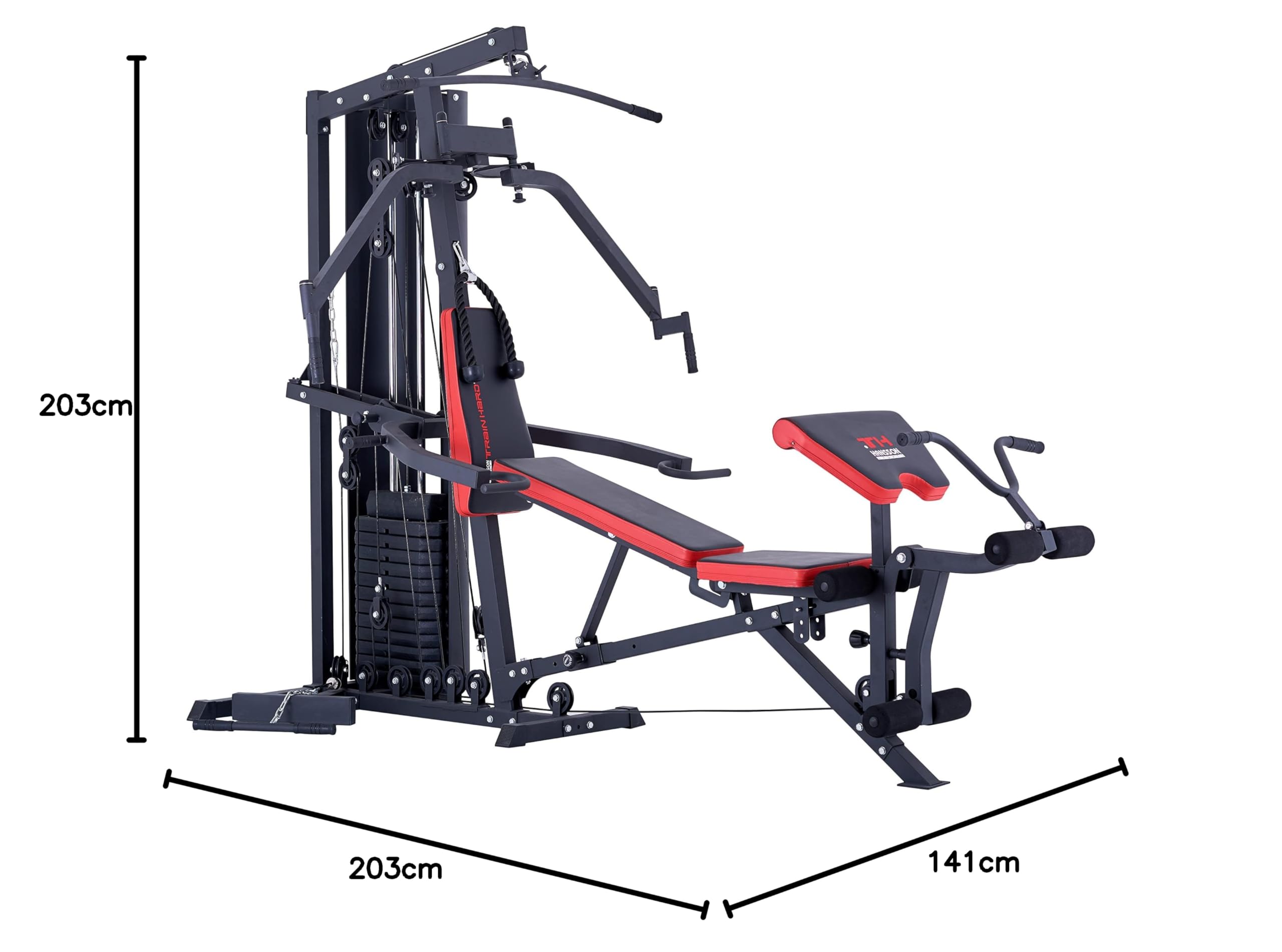 TrainHard® Wielofunkcyjna stacja kulturystyczna Multistation Home Gym z ławki do podnoszenia ciężarów stacja z linką do ćwiczeń curlpult Butterfly i trenażer nóg o wadze 85 kg