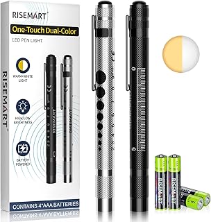 RISEMART 2 Pack Pen Light for Nurse, Medical Penlight with One-Button Switch for White & Warm Light, Pupil Gauge & 5cm Rul
