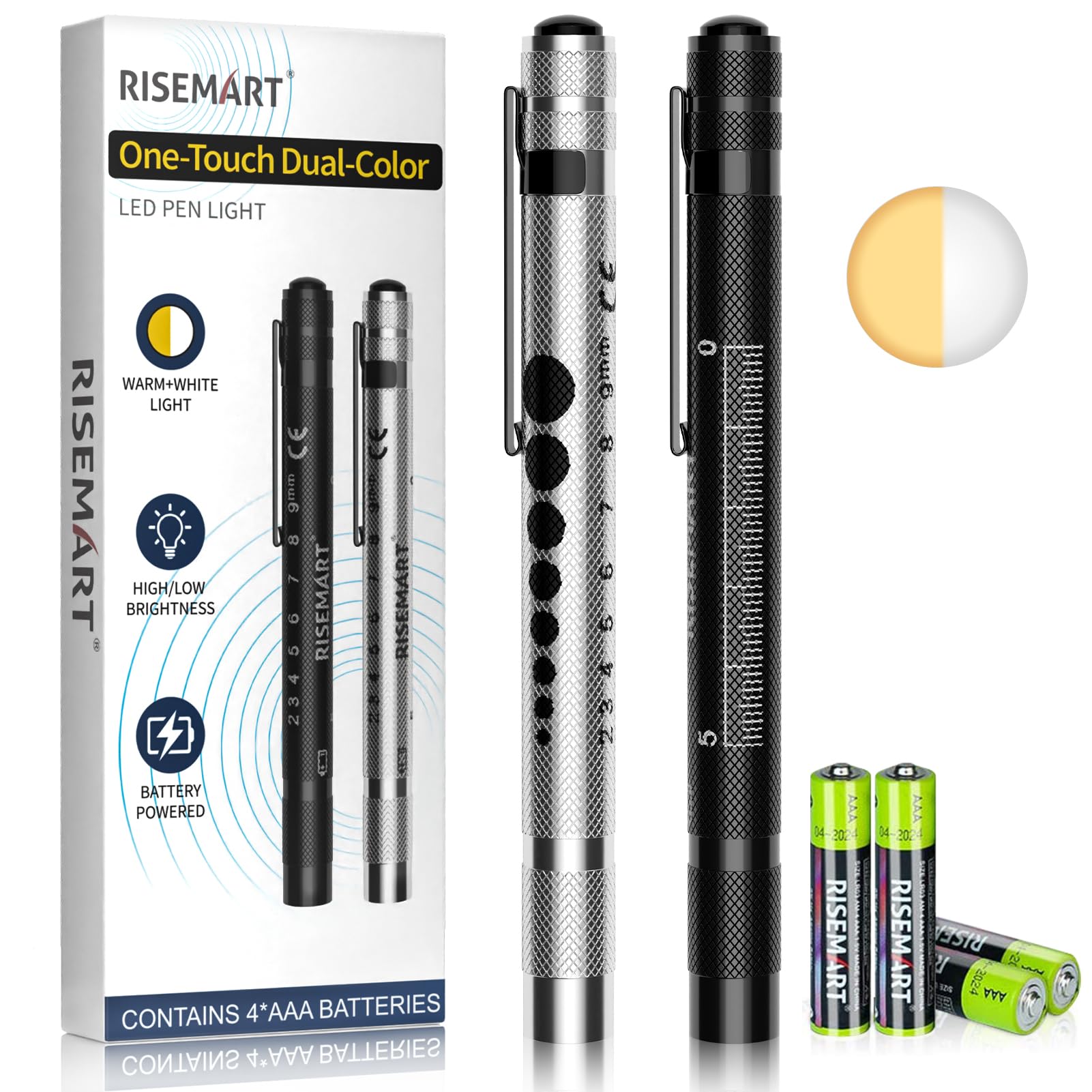 RISEMART 2 Pack Pen Light for Nurse, Medical Penlight with One-Button Switch for White & Warm Light, Pupil Gauge & 5cm Ruler, Pocket Clip, Durable LED Penlights for Nursing, Doctors, Students