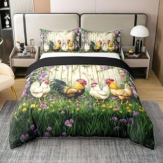 Chicken Animal 100% Nature Cotton Kids Duvet Cover Rustic Farmhouse Wooden Board Reversible Comforter Cover Twin Size with 1 Pillowcase Purple Flowers Green Grass Aesthetic Bedding Set