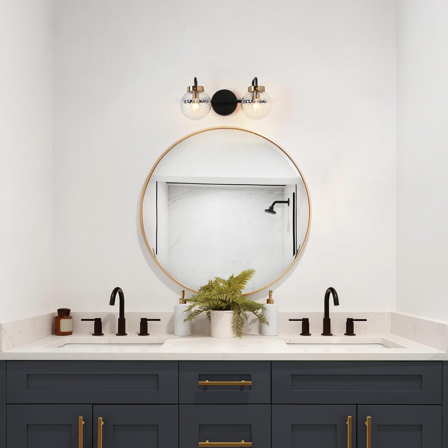 KSANA 2-Light Bathroom Vanity Light, Black Wall Sconce with Textured Glass Globe Shades & Electroplated Copper Finish, Modern Farmhouse Bathroom Light Fixture for Mirror, Powder Room, Hallway