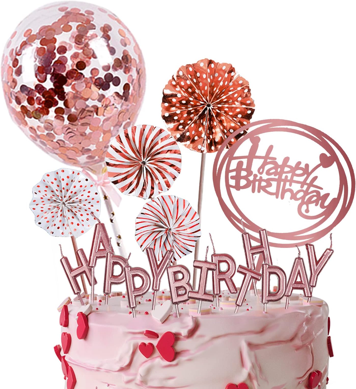 Rose Gold Birthday Cake Topper Decoration with Happy Birthday Candles, Acrylic Birthday Cake Topper, Confetti Balloon and Paper Fans for Rose Gold Theme Birthday Party Decor