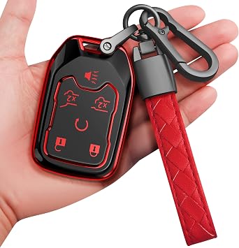 for Chevrolet Key Fob Cover with Keychain Soft Full Protection Key Shell Key Case Compatible with Chevy Suburban Tahoe Silverado GMC Terrain Yukon Sierra 1500 2500 3500 HD Red, 6 Button