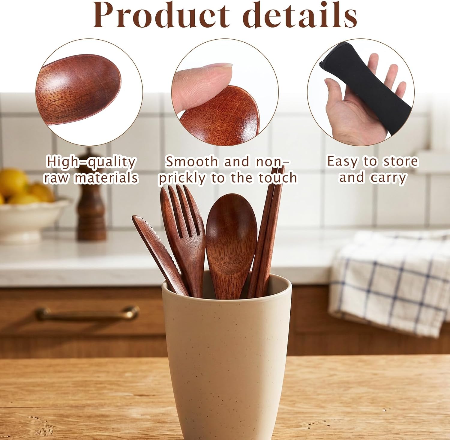 4 PCS Portable Wooden Travel Utensils, Reusable Wooden Cutlery Set with Case, Spoon Fork Knife Chopsticks for Eating, Sturdy Wood Flatware Set Eating Utensils Sets for Work, Travel, And Camping