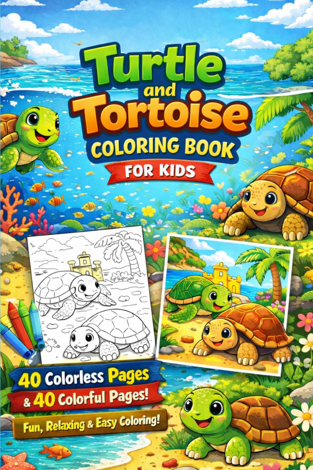Turtle and Tortoise Coloring Book for Kids: 40 Colorless Pages to Color and 40 Colorful Reference Pages | Fun, Relaxing, and Easy Coloring for Children Ages 4–8 | 6 x 9 Inches
