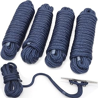 INNOCEDEAR Double-Braided Nylon Dock Line-1/2 x 20' ( Eyelet: 12 inch, 4 Pack Navy Blue,Professional Boat Rope).Hi-Perform...