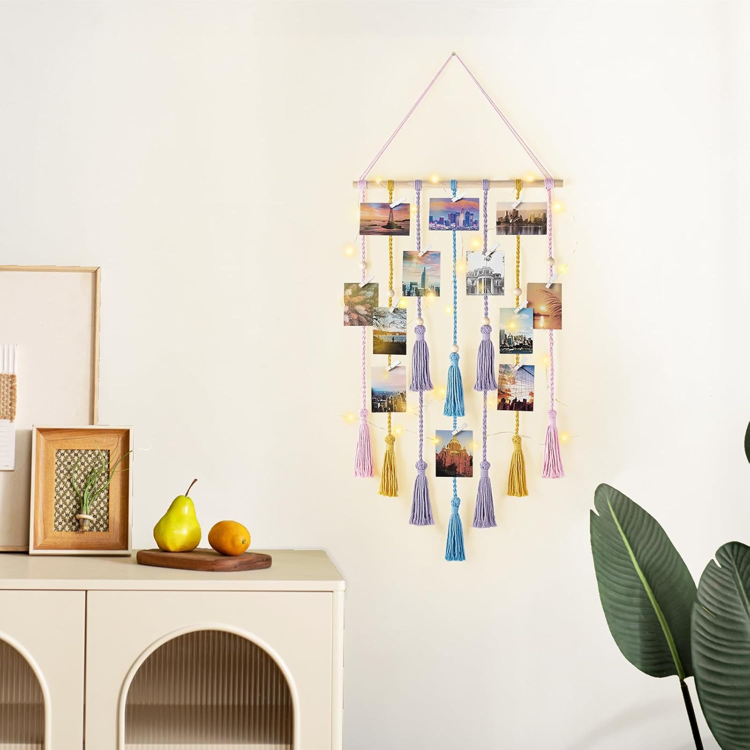 Mkono Hanging Photo Display Boho Macrame Wall Decor with Light and Macrame Hanging Shelf Boho Wall Decor 2 Tier