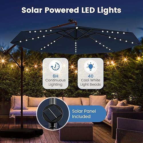 Miniatura 5 de TANGKULA Sombrilla colgante de 10 pies, sombrilla voladiza con 32 luces LED, baterías de panel solar, bolsa de arena, toldo impermeable, sombrilla