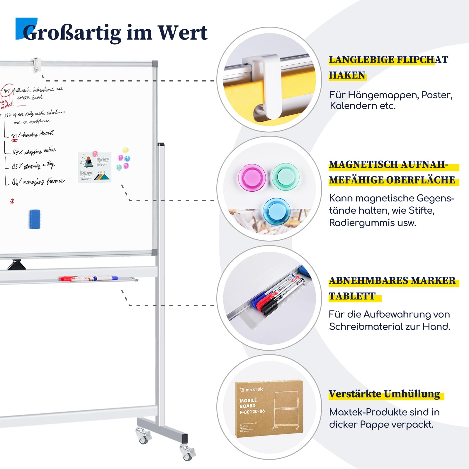 maxtek Pizarra Blanca Móvil 120 x 80 cm, Grande Magnética Whiteboard de Doble Cara con Soporte, Borrado en Seco, Marco de Aluminio, con Bolígrafos, Esponjas, Imanes