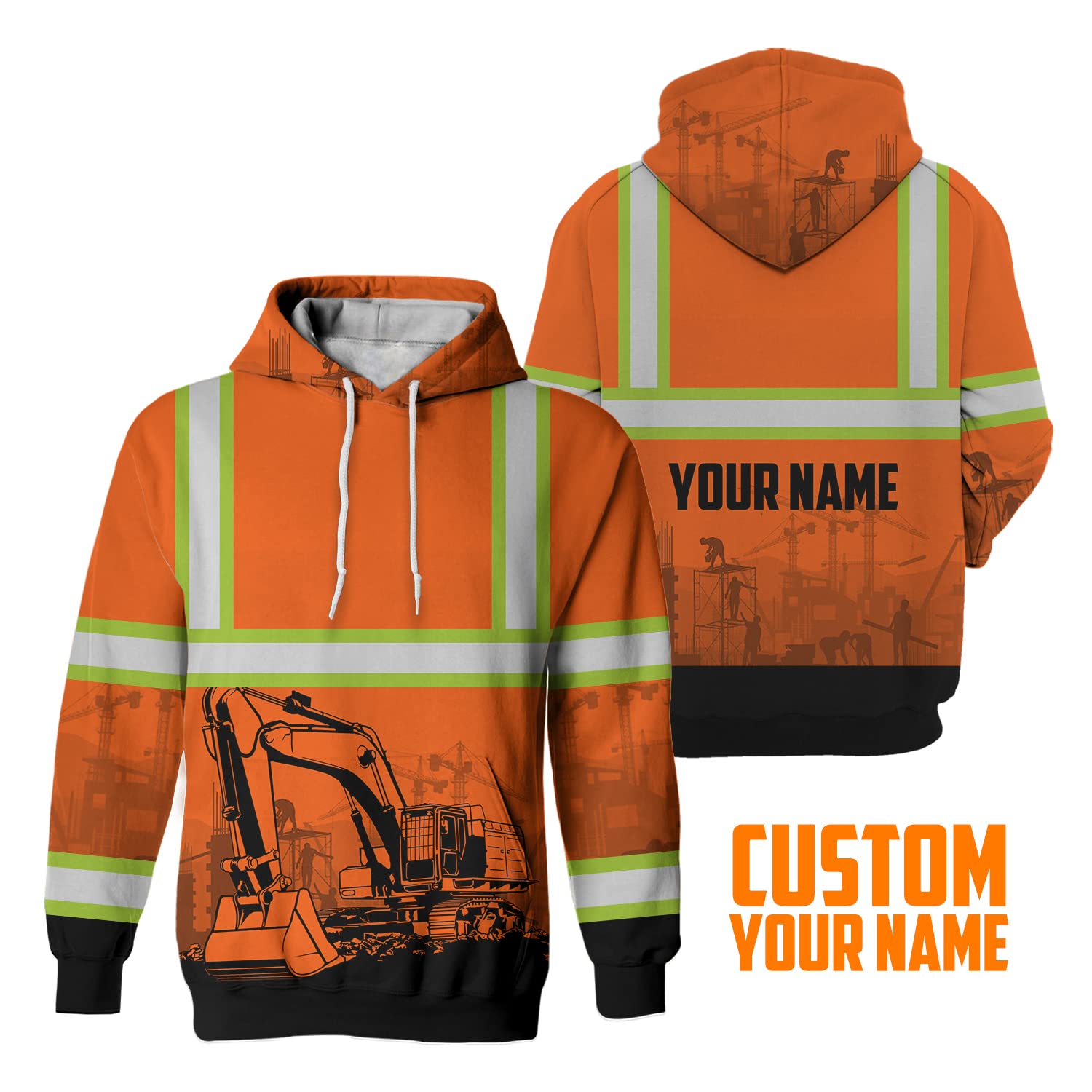 Matedecor Safety Hoodie Orange Excavator Operator Customize Name High Visibility Hoodie for Men Reflective Hoodie Hi Vis Hoodie Workwear for Runners, Walkers, Trucker, Operator, Patriotic-XL