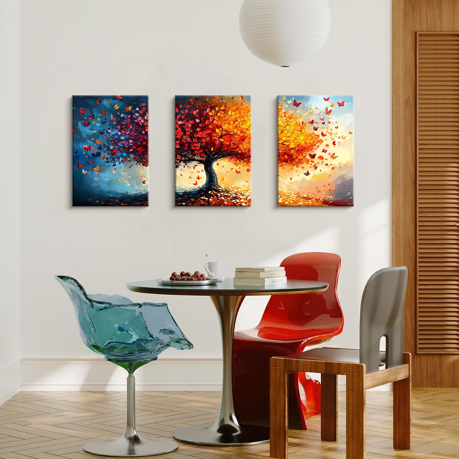 3 Pcs Orange Red Tree of Life Tree Canvas Wall Art - Image 4