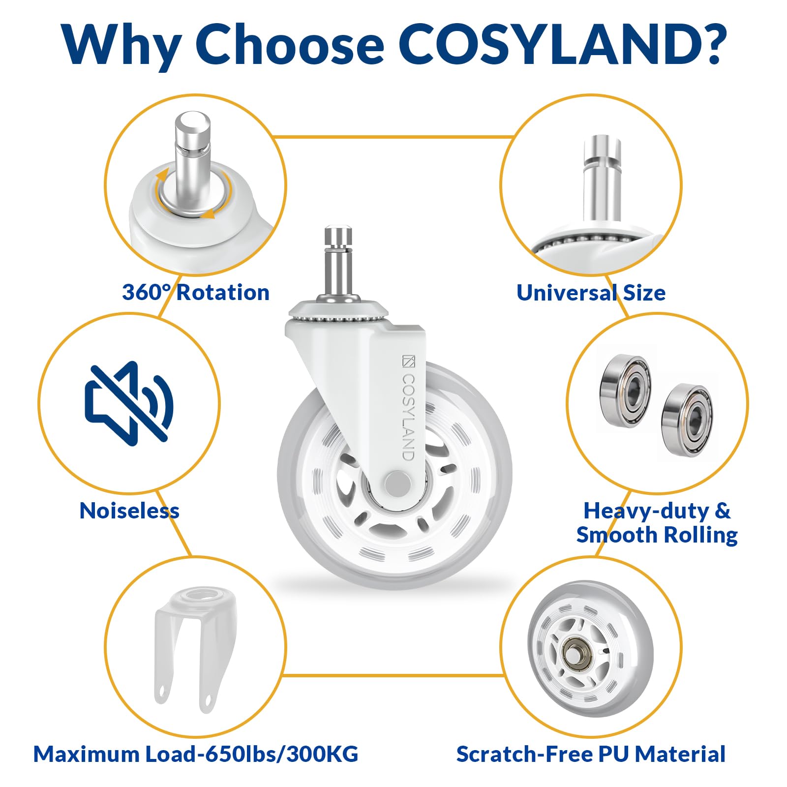 COSYLAND Set van 5 bureaustoelwielen met rem, soepele en duurzame COSYLAND Set van 5 bureaustoelwielen met rem, soepele en duurzame
