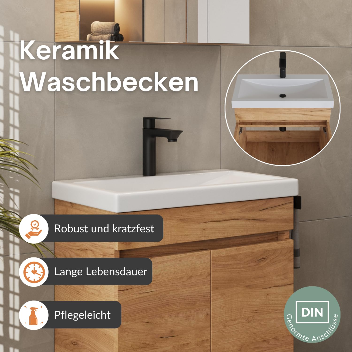 Planetmöbel Waschbecken mit Unterschrank, inkl. Keramikwaschbecken, modernes Badmöbel Set, 63 x 60 x 36,5 cm, Gold Eiche