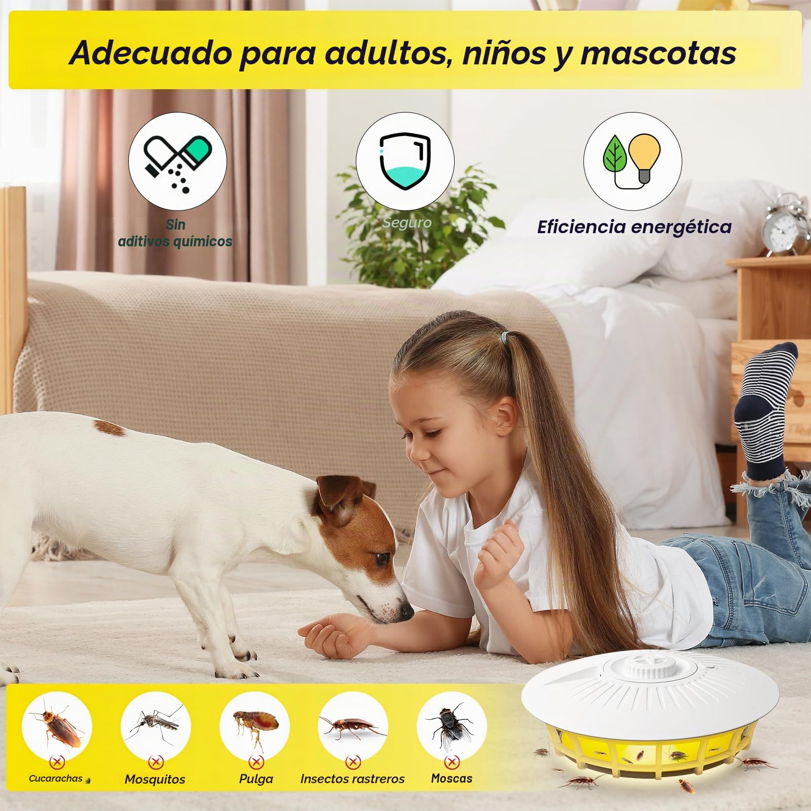 Pulgas Eliminar Casa, 2PCS Lámpara Antipulgas con 14Almohadillas Adhesivas, 4 Modos de luz Trampa Mata Pulgas Hogar, Trampa para Pulgas para La Sala de Estar, Cocina, Dormitorio