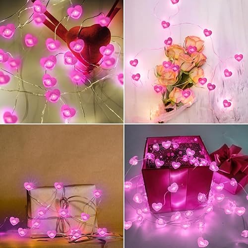 Miniatura 2 de Guirnalda de luces de corazón rosa de 10 pies, funciona con pilas con temporizador para decoraciones del día de San Valentín, tira de luces LED para