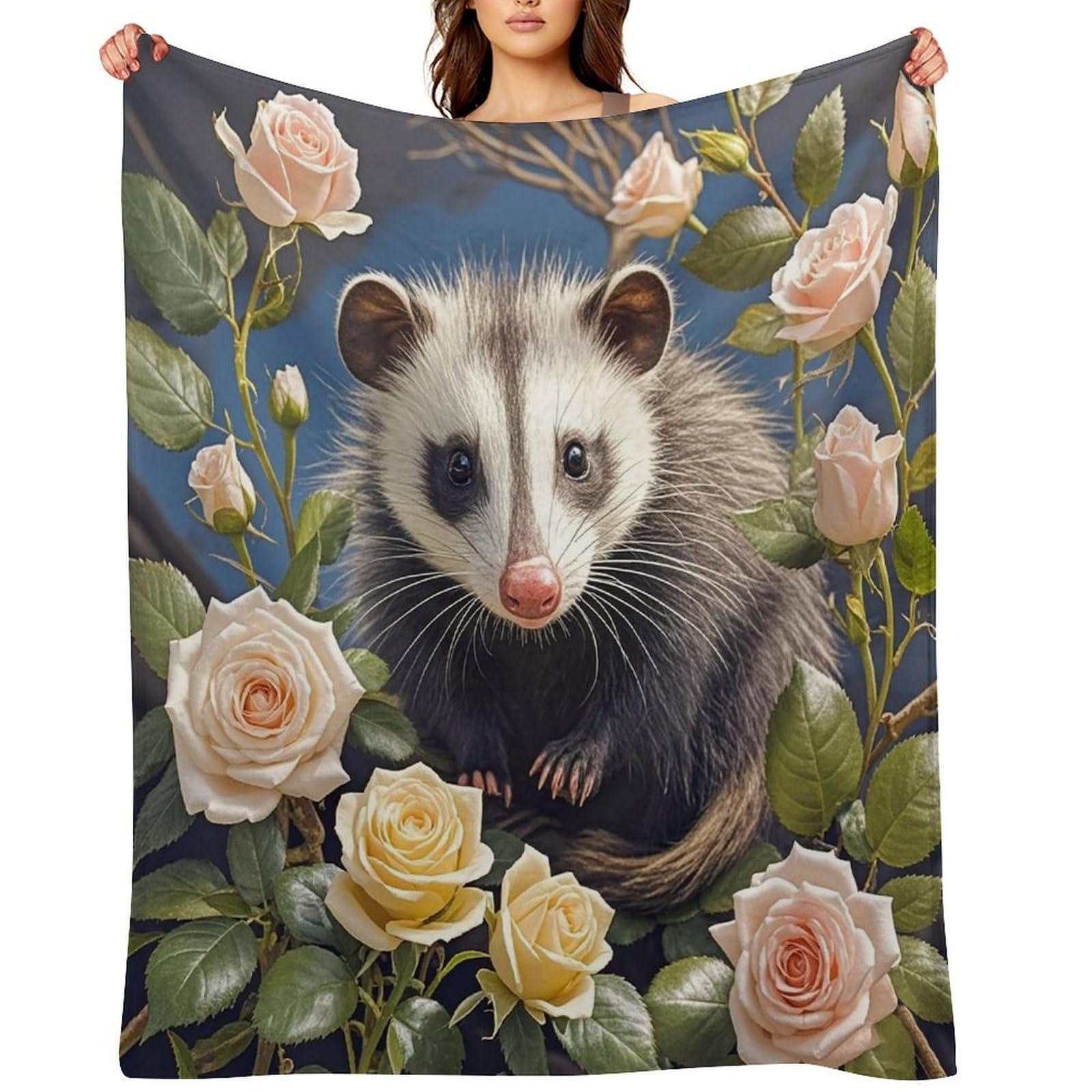 Flannel Opossum and Roses Throw Blanket for Couch Super Soft Fuzzy Cozy Flannel Blankets No Shed No Pilling FAnti-Static Winter Bed Blanket Decorative and Giftable Blankets