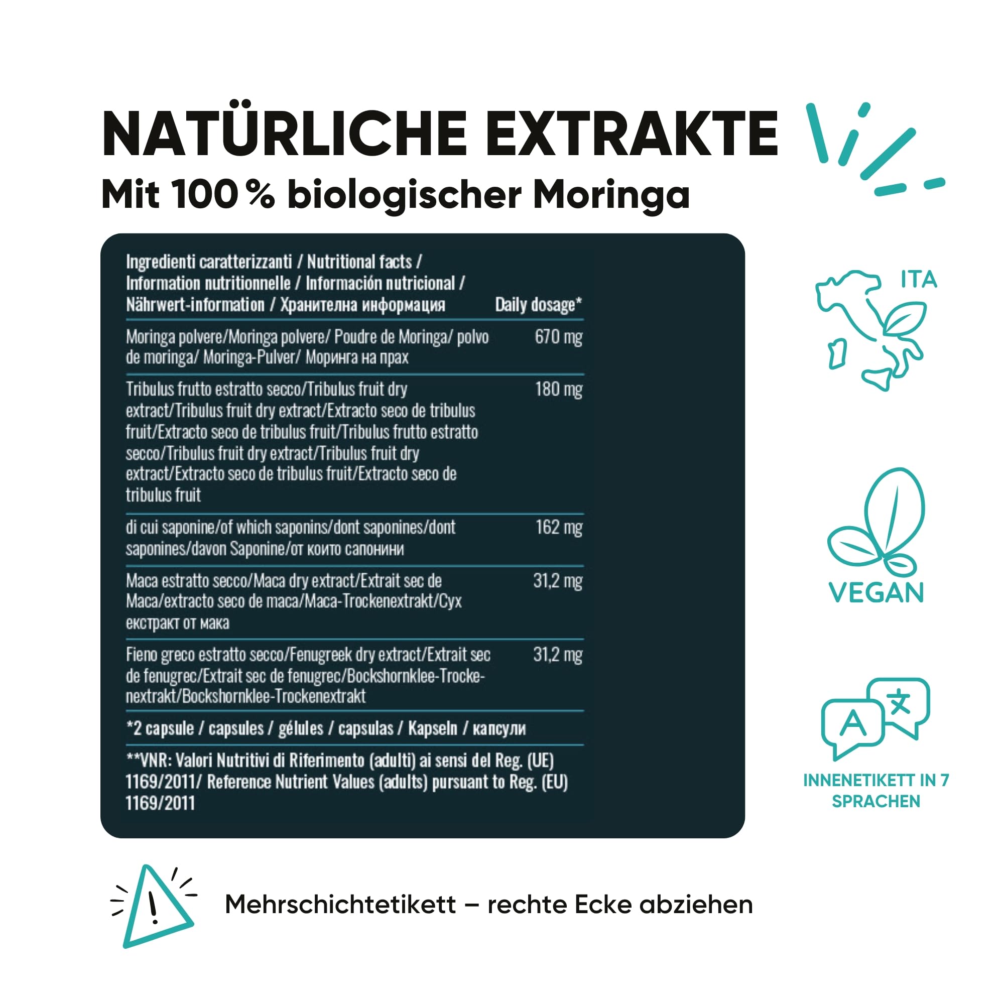 RedMoringa Tribulus Terrestris, Maca & BIO Moringa Kapseln - 90% Saponinen Kraft & Testosteron Booster - Unterstützung für Muskelaufbau & Libido | 180 Kapsel