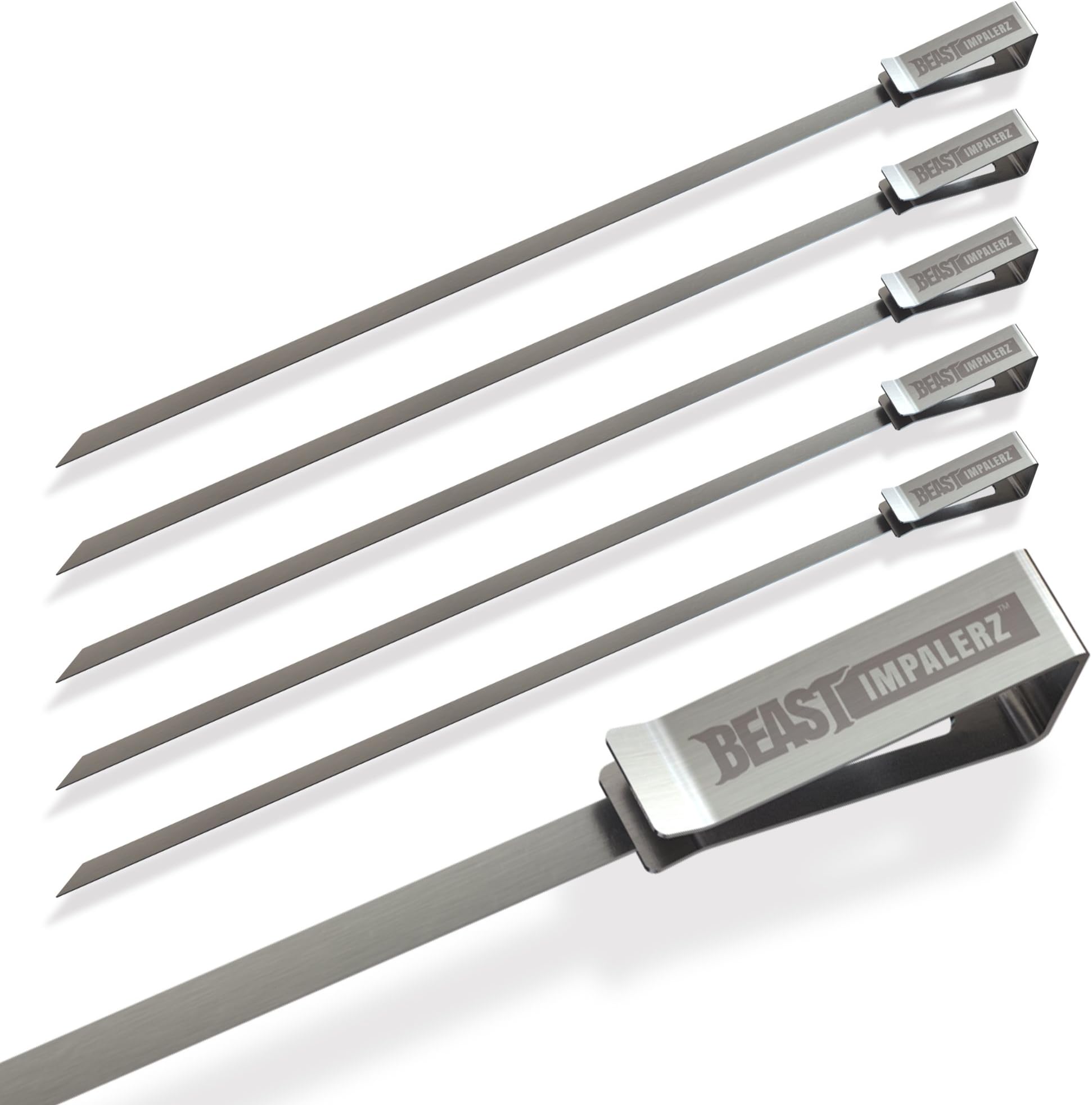 BBQ Skewers - 6 Reusable Flat Blade Stainless Steel with Sharp, Angled Points for Grilling Seafood, Vegetable, or Fruit Kebabs Grill Beast