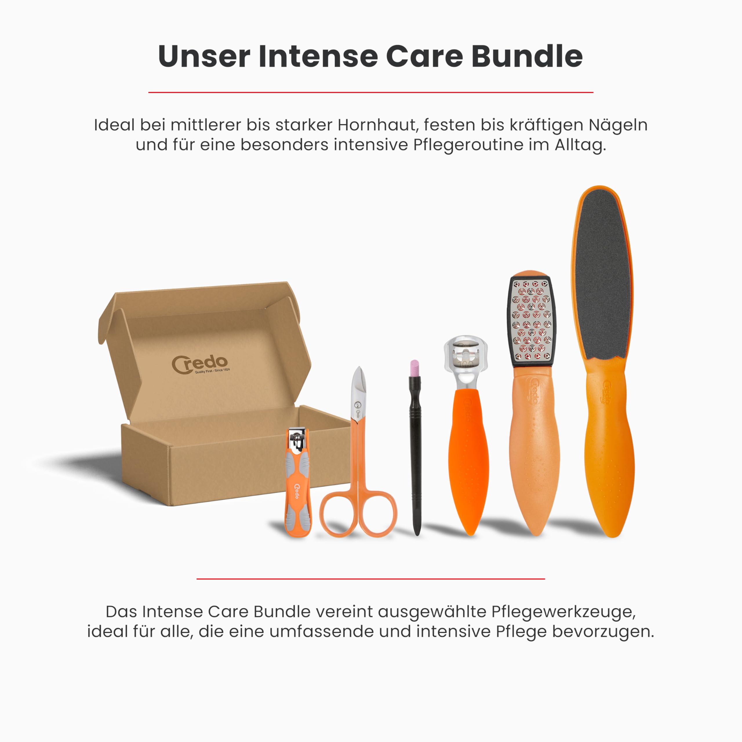Credo PopArt Intense Care Bundle Fußpflege Set | mit SmartCutter, Safety Hornhauthobel, DuoSoft, Fußnagelschere, Nagelknipser & Keramik-Nagelhautentferner | intensive Fuß- und Nagelpflege (Orange)