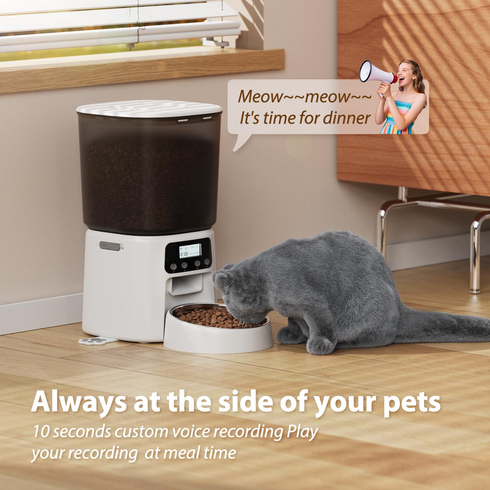 Automatic Cat Feeder, 4L/16Cups Cat Food Dispenser with Stainless Steel Bowl 30 Portions 6 Meals per Day, Programmable Auto Cat Feeder for Kitty Small Dogs with 10S Voice Record, White - image 5