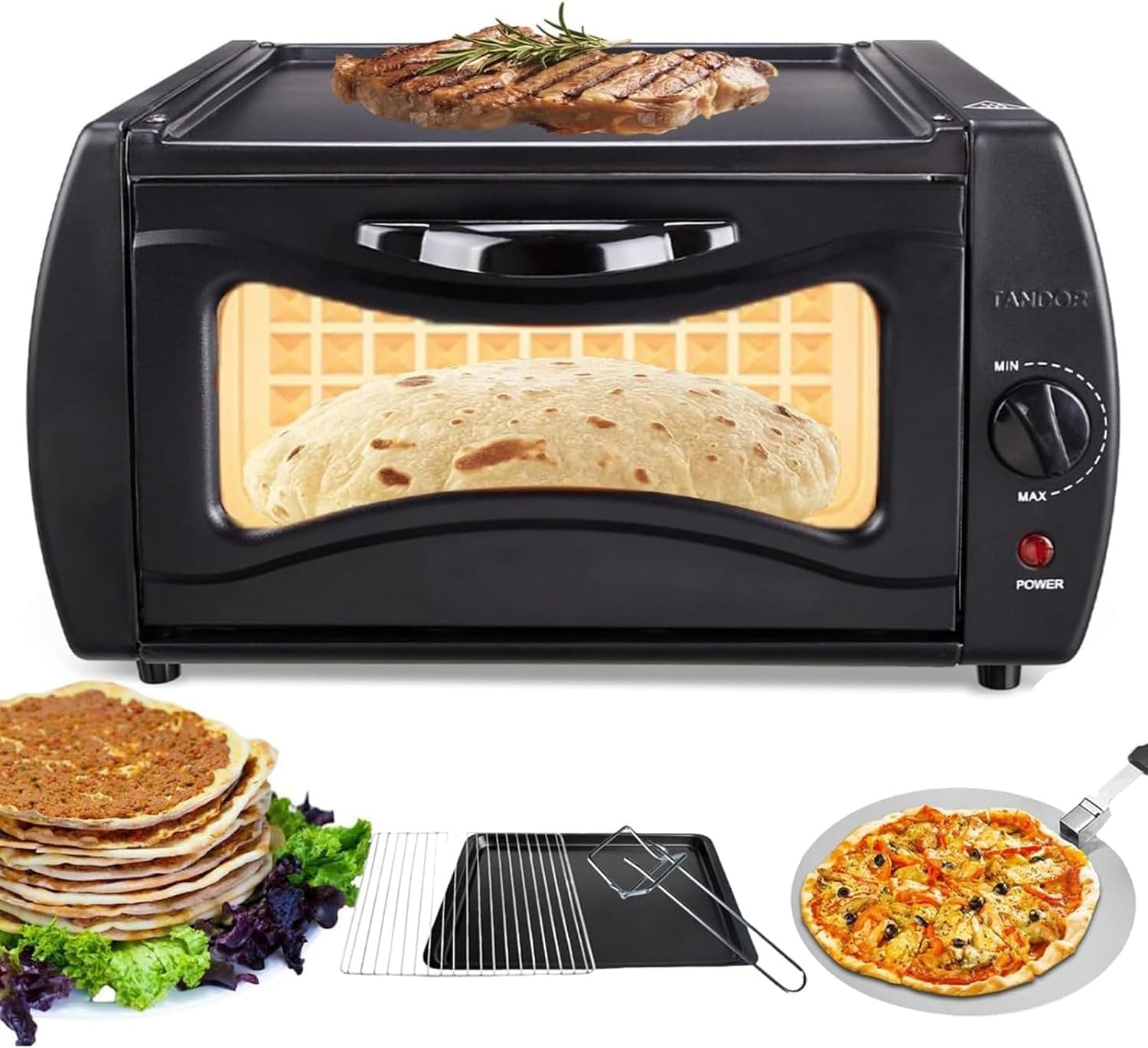 Electric Countertop Oven Pizza Maker with Adjustable Temperature Control for Chapati Roti Naan Lahmacun Manakish Baking, Compact Multi Purpose Electric Oven with Complete Cooking Accessories