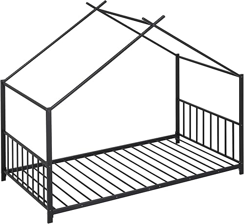 Miniatura 206 de Cama de casa de tamaño individual con diseño de valla y techo, marco de cama de metal, marco de cama de piso doble, base de cama Montessori de Color