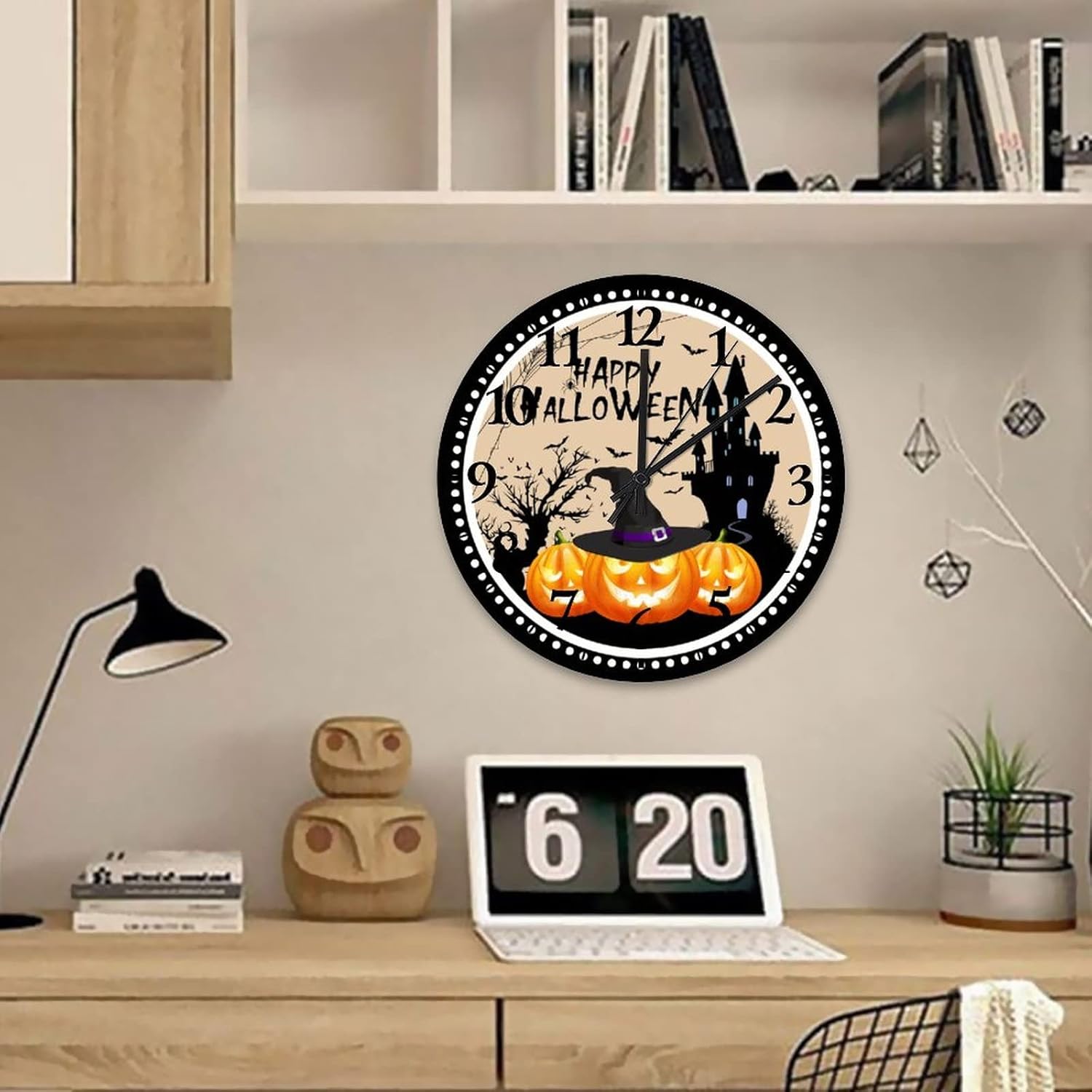 Happy Halloween Pumpkin Hunted House Wood Wall Clocks 15 Inch, Halloween Party Scary Pumpkin Wearing Witch Hat Home Decor Clock Silent Non Ticking Round Arabic Numbers Clock for Kids Room and Kitchen