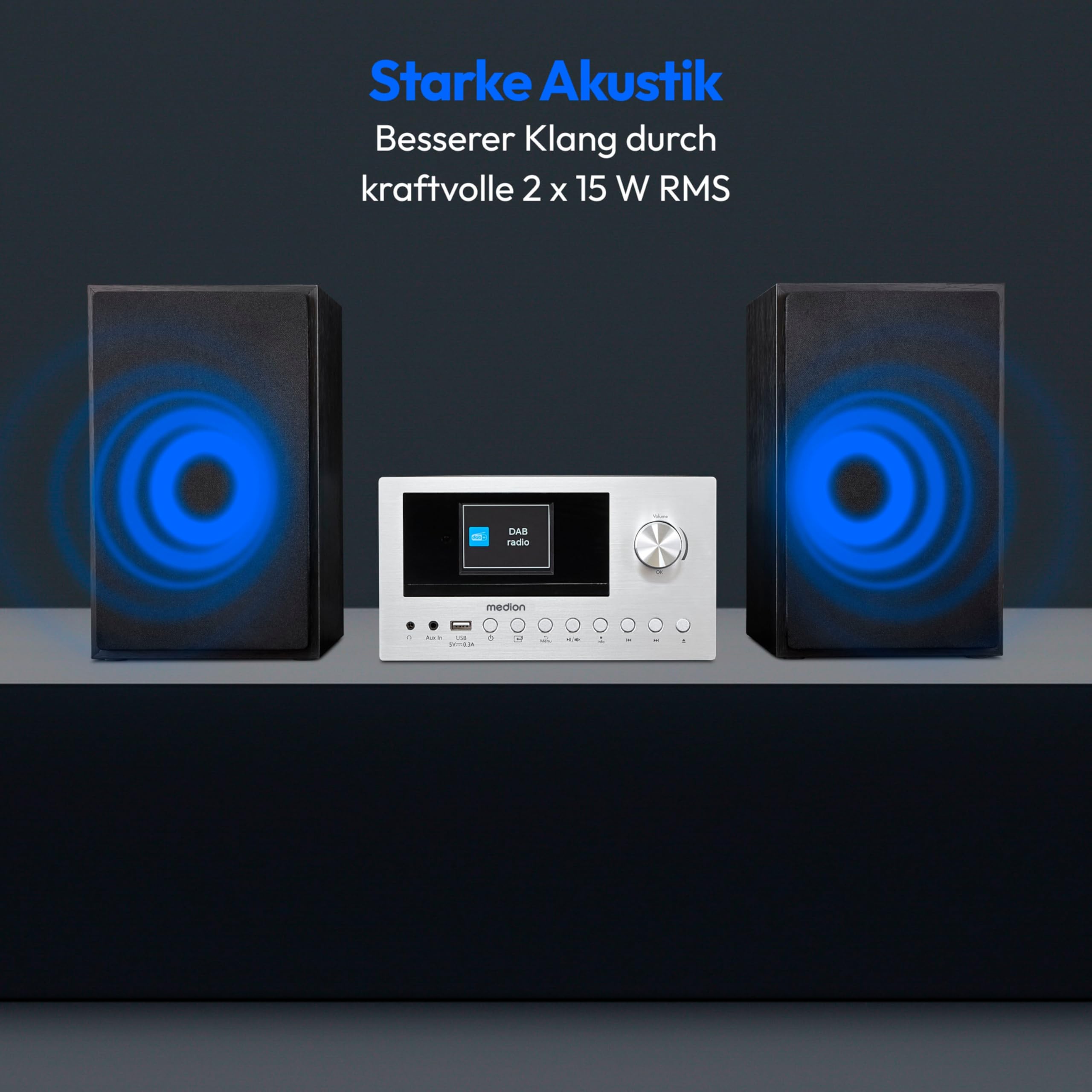 MEDION P85003 Micro Audio System Kompaktanlage (Internetradio, DAB+, PLL UKW Radio, Bluetooth, USB Anschluss, AUX, 2x150 W) Silber