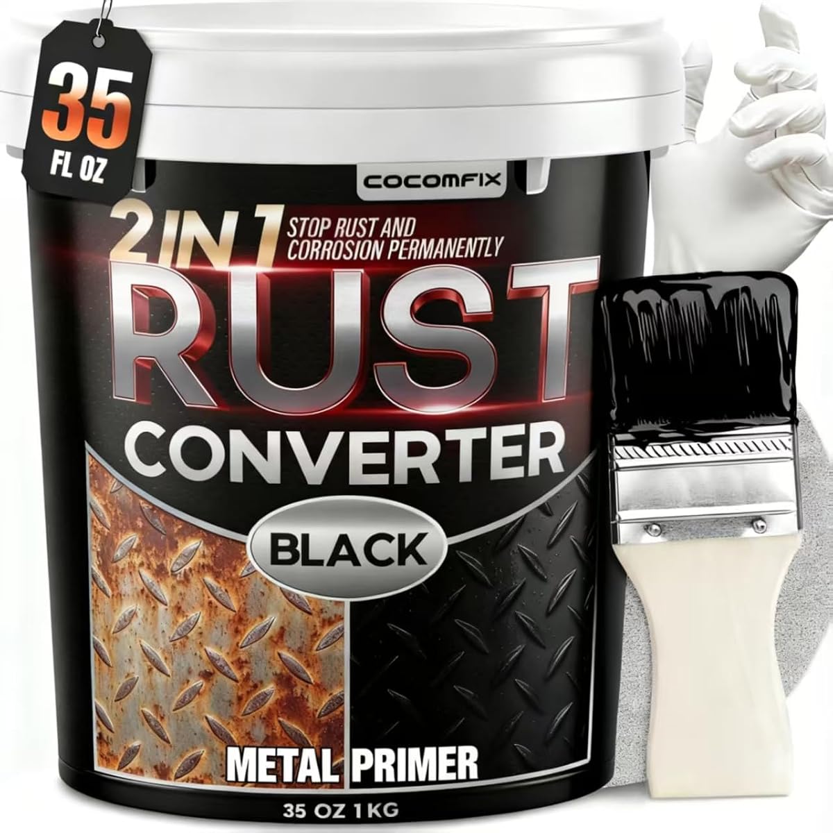 Ultra 2-in-1 Rust Converter Paint & Metal Primer, Reformer for Car Frame | 35 oz Heat-Stable Paint over Rust For Frame, Trailer, Truck, Chassis — Anti-Rust Paint Repair Kit with Tools, Matte Black