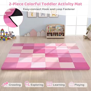 COSTWAY Toddler Play Mat, Foldable Patchwork Baby Floor Mats with Waterproof Surface, 3.5CM Extra Thick Foam Playmat for Playing Crawling (Pink)