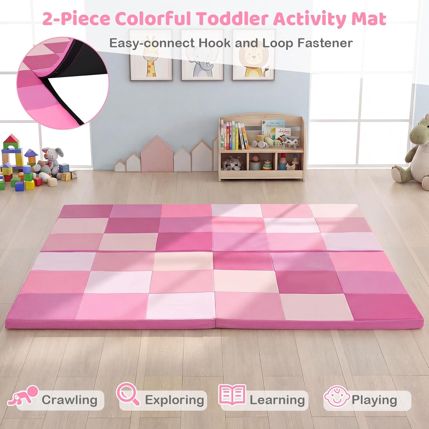 Costzon Toddler Foam Play Mat, Foldable Pink Baby Crawling Mats 58-Inch Square Soft Non Skid Daycare Floor Mat, Thicken Waterproof Memory Activity Play Mat for Home, School, Kindergarten or Nursery