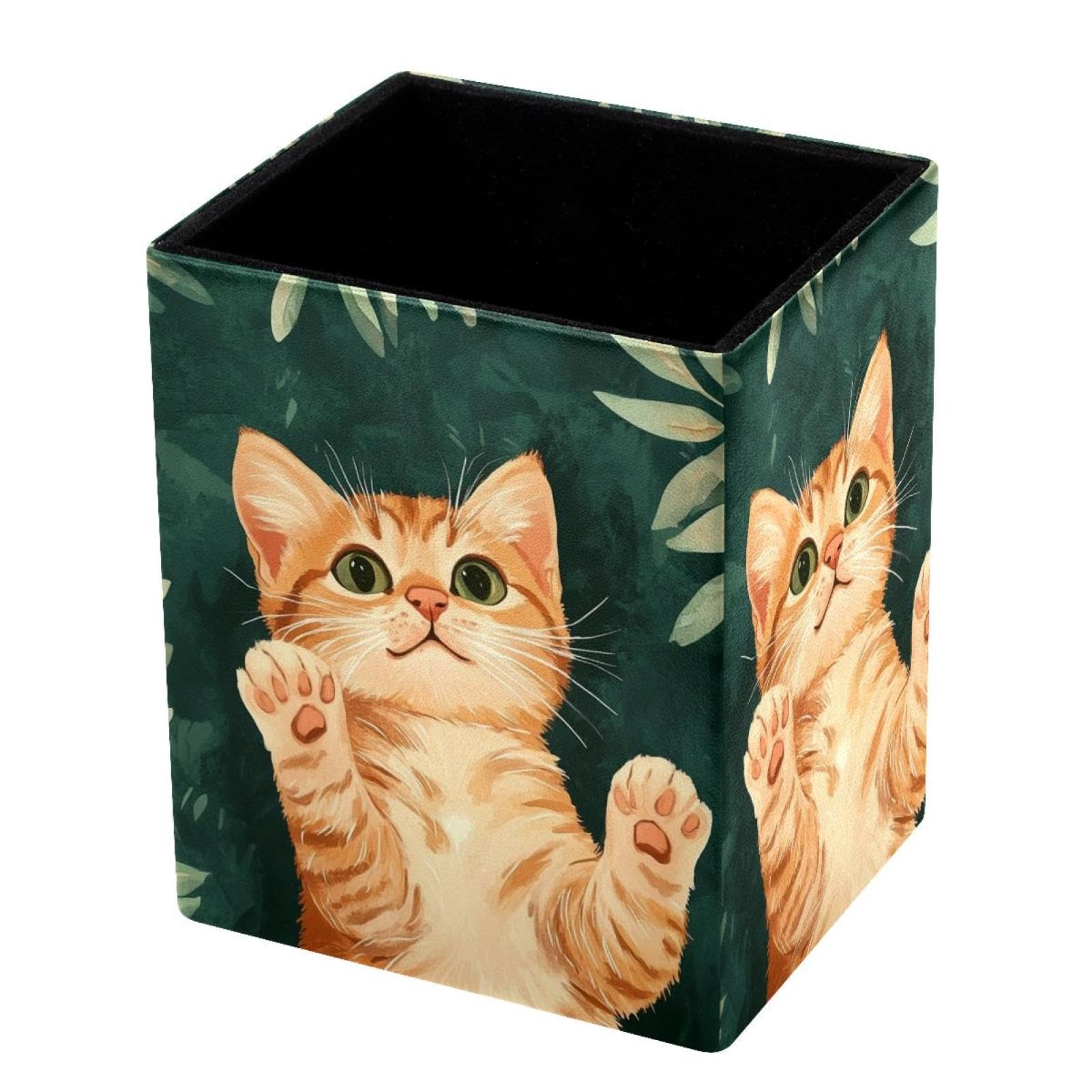 FWJZDSP Pencil Holder for Desk Pen Pouch with Cat Leaf Capacity Pen Cup Leather Makeup Brush Holder for Office Desk Organizer