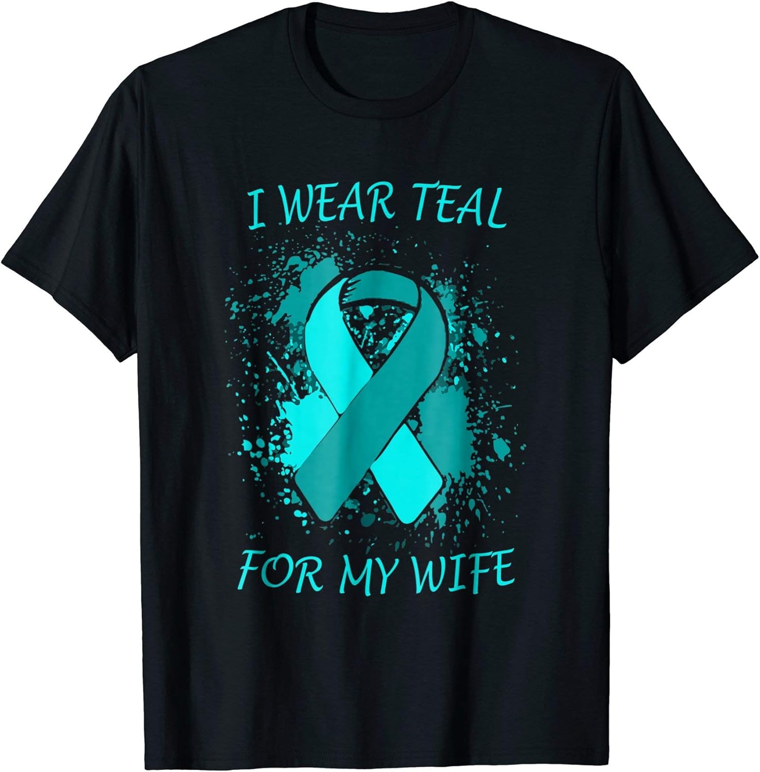 teal shirt with white writing