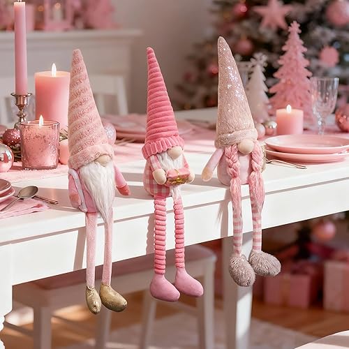Miniatura 6 de Gnomos de Navidad rosados, decoración de elfo de felpa, 3 piezas hechas a mano de Navidad largas con patas colgantes de invierno, para árbol de