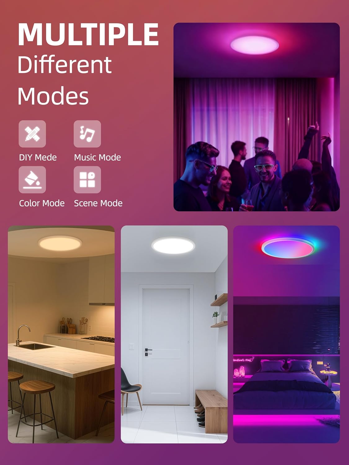 2 Pack 12 Inch Smart Ceiling Light Fixture, RGB LED Flush Mount Ceiling Light with Night Light, 24W 2400LM Ultra-Slim Ceiling Light with Remote, 16 Million DIY Colors, Works with Alexa/Google Home