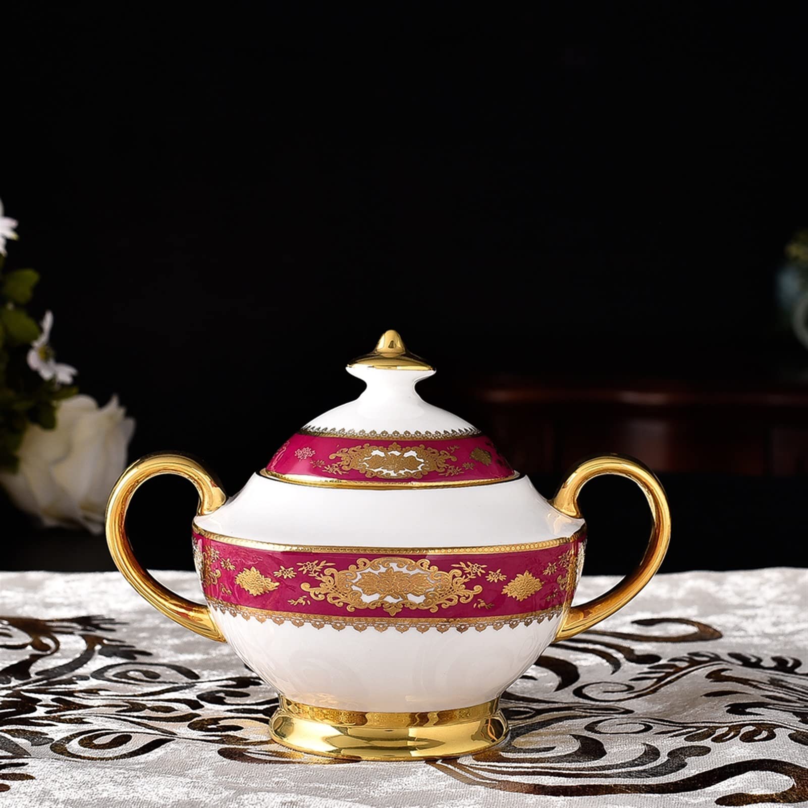 Pot de Sucre Céramique Sugar Bowl Sel Condiment Jars Outil de Cuisine Jar Ménage Ménage Vintage Bone Chine Bol à Sucre avec Couvercle Bol à Sucre