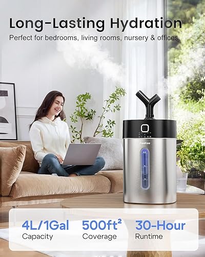 Miniatura 2 de Feekaa Humidificador de acero inoxidable fácil de limpiar, humidificadores de niebla fría de 1 galón4 litros para dormitorio, apto para