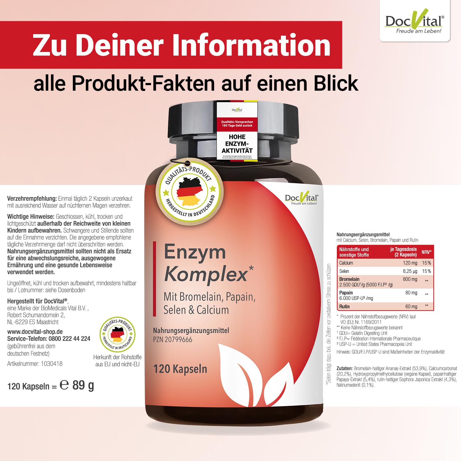 Enzym Komplex – 120 Kapseln mit 800mg Bromelain hochdosiert, Papain, Rutin ergänzt mit Selen & Calcium - Immunsystem* Unterstützung - vegan, laborgeprüft - Made in German