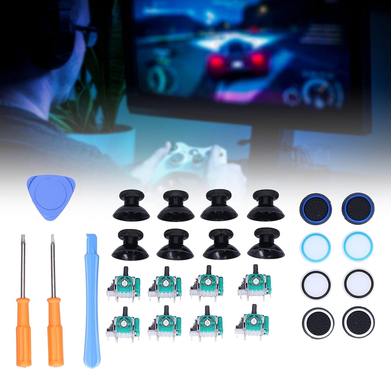 Repair Kit for Xbox One Controller, 3D Analog Joysticks Silicone Cover with Screwdriver T6 T8 Controller Replacement Parts for Xbox One, for PS3, for PS4