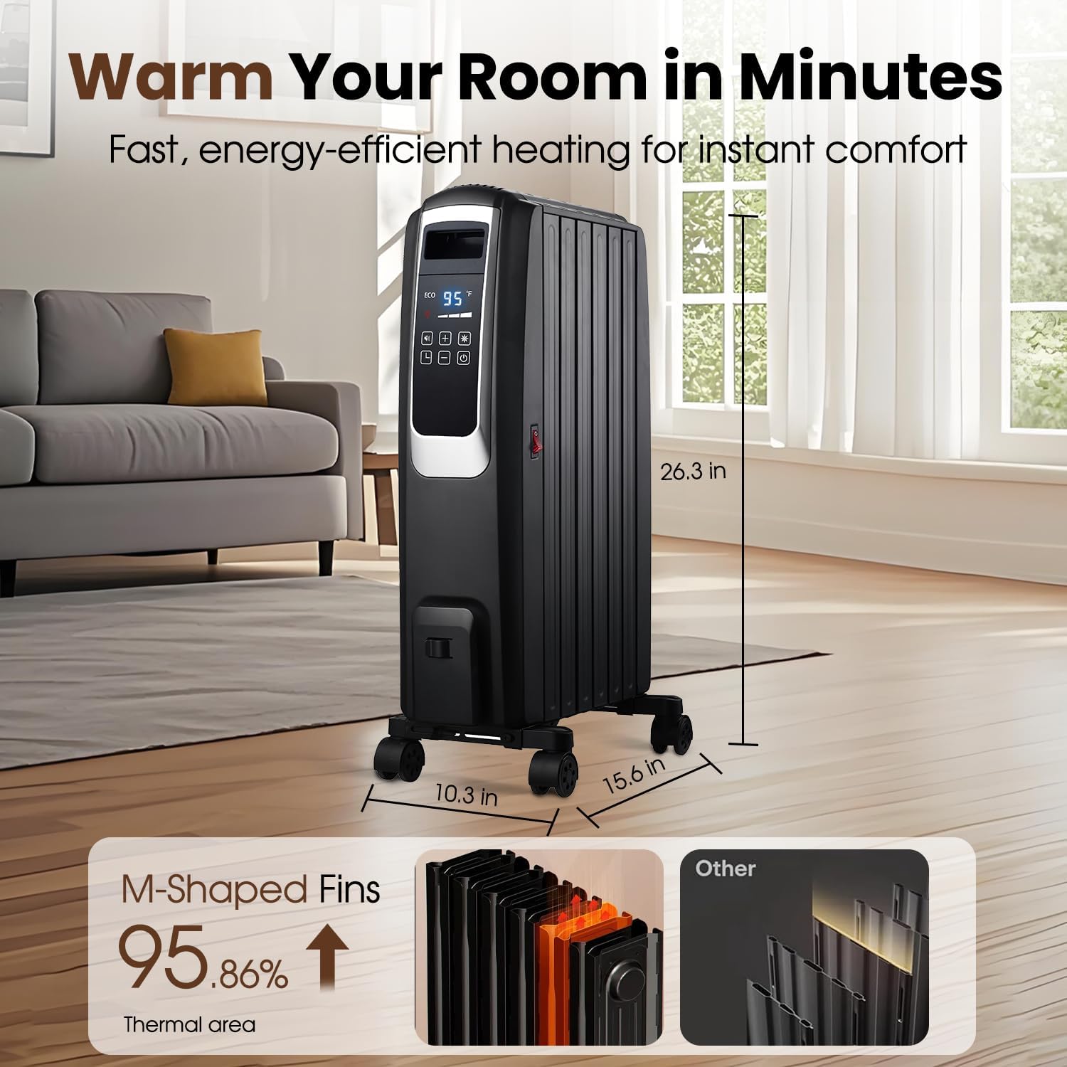 TMWINGS Oil Filled Radiator Heater with dimensions and M-shaped fins diagram