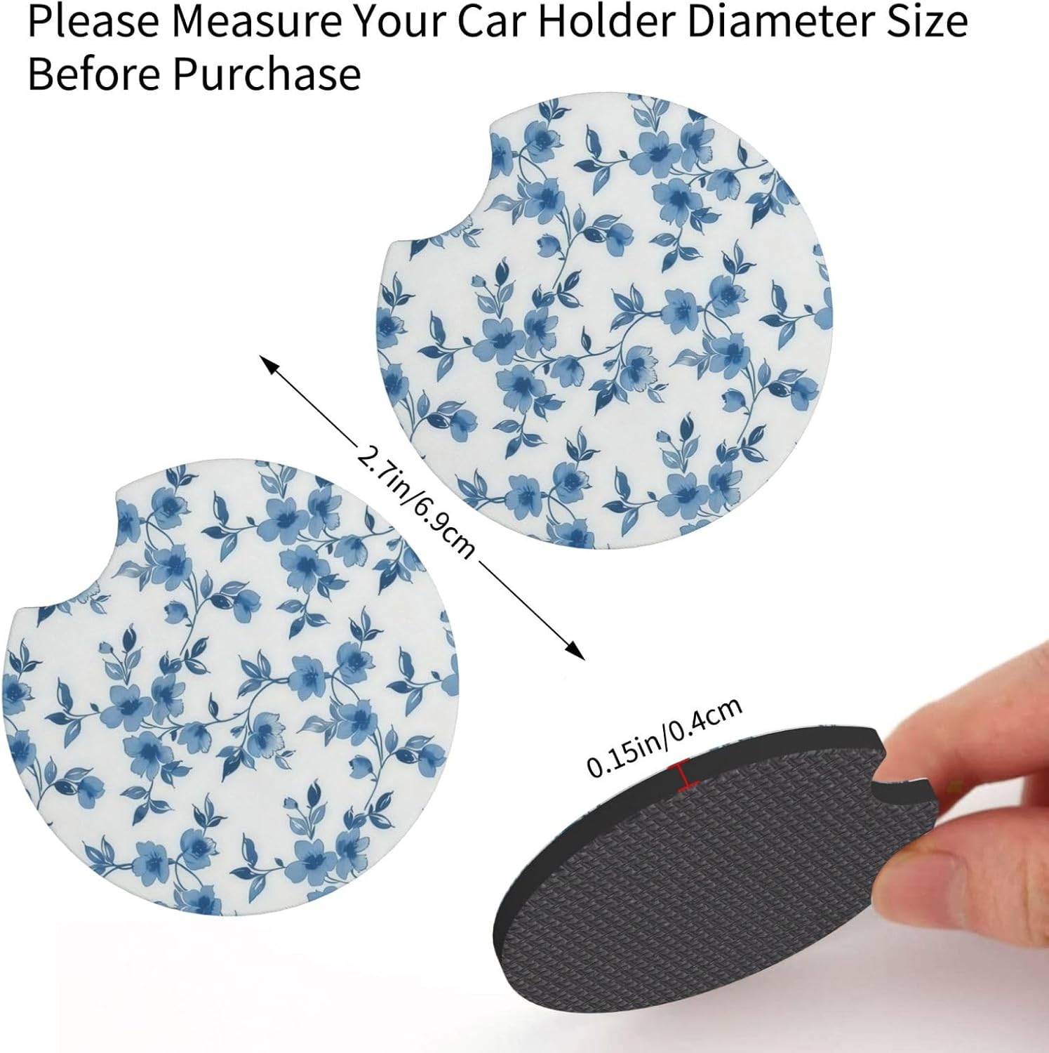 Cute Floral Steering Wheel Cover 15 in + 2pc Blue Flowers Car Coasters image 4