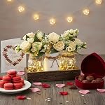Mkono Mason Jar Lights Centerpiece Table Decor for Dining Room Farmhouse Wood Tray with 3 Jars Flowers Summer Decoration for Coffee Table Kitchen Living Room Wedding
