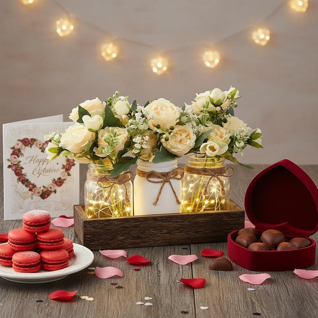 Mkono Mason Jar Lights Centerpiece Table Decor for Dining Room Farmhouse Wood Tray with 3 Jars Flowers Valentines Day Decoration for Coffee Table Kitchen Living Room Wedding