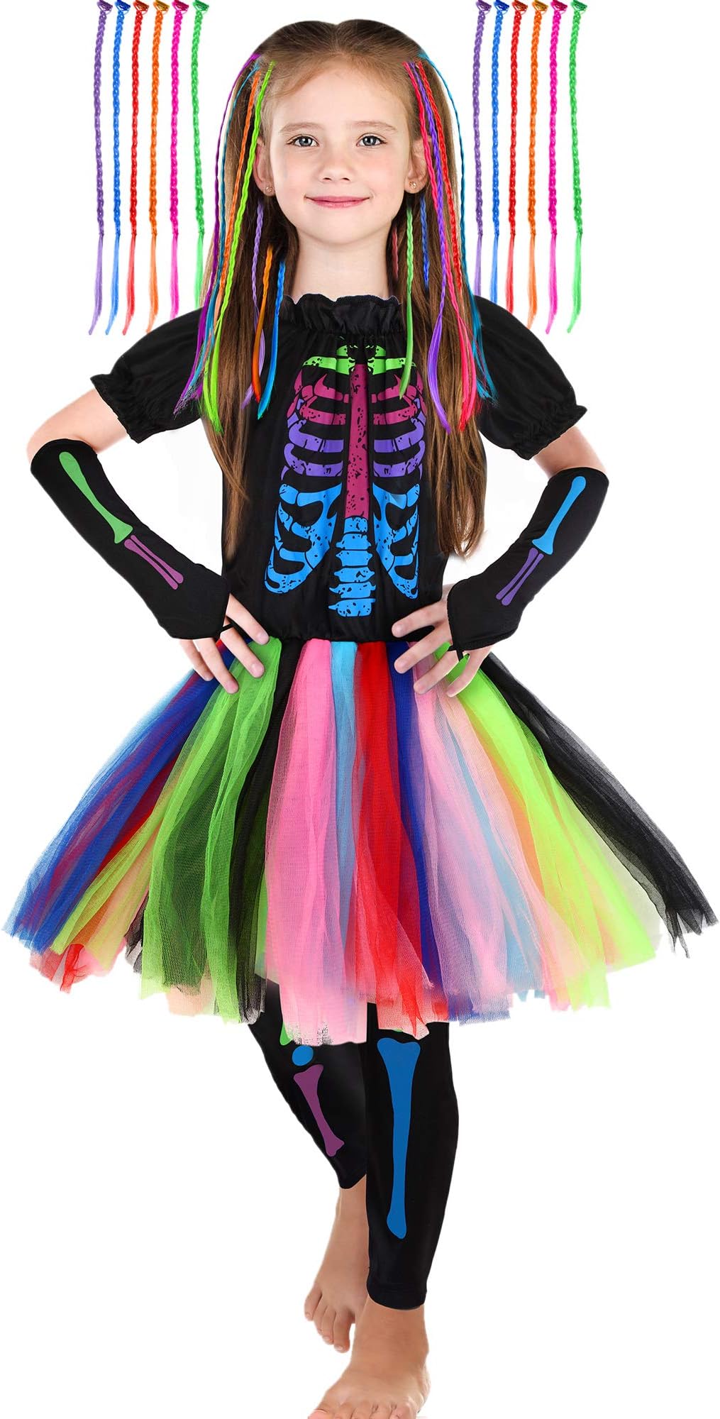 SATINIOR Girl's Funky Skeleton Bones Costume Set with 12 Pieces Hair Extensions for Halloween